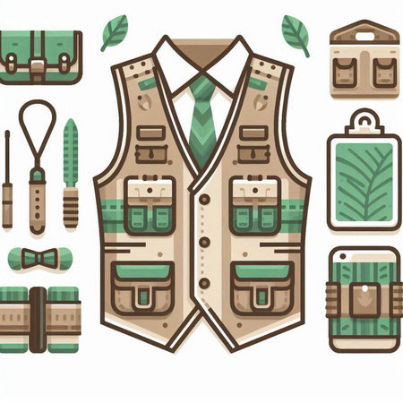 Vector illustration of a green waistcoat with a belt and accessories.のイラスト素材