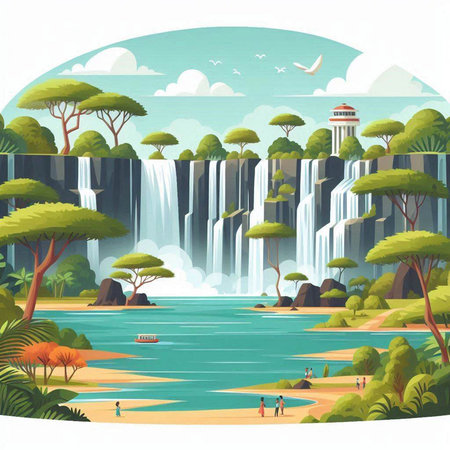 Waterfall in the jungle. Landscape with waterfall. Vector illustrationのイラスト素材
