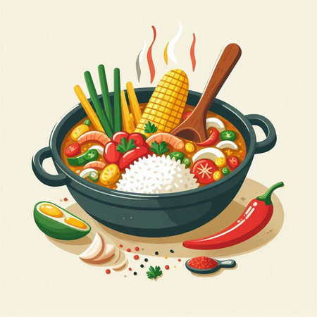 Illustration of a bowl of spicy soup with rice and vegetables.のイラスト素材