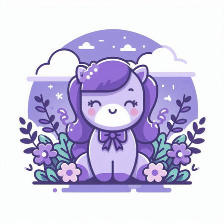 Cute cartoon unicorn with flowers. Vector illustration in flat style.のイラスト素材