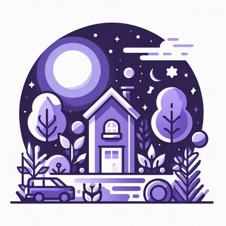 Night landscape with house, car, trees and moon. Vector illustrationのイラスト素材