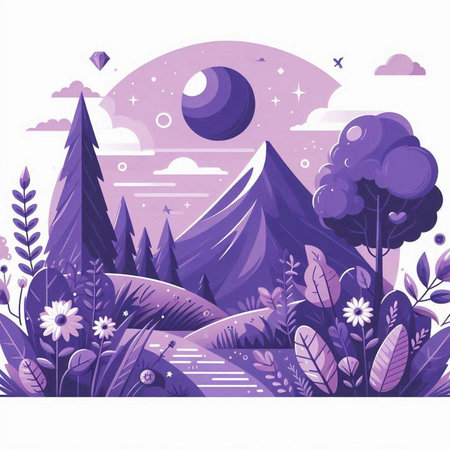 Nature landscape with mountains and flowers. Vector illustration in flat style.のイラスト素材