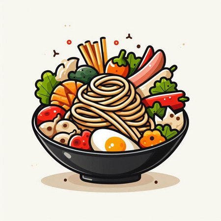 Bowl of noodle with egg and vegetables, vector illustration.のイラスト素材
