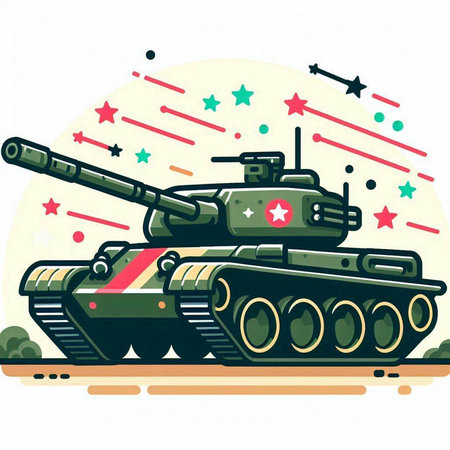Cartoon illustration of a tank on a white background with stars.のイラスト素材