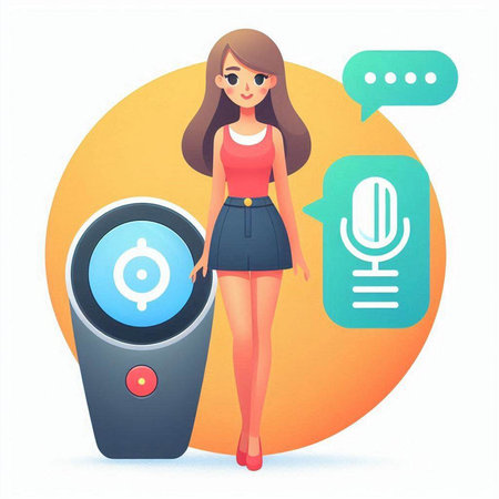 Vector illustration of a girl with a microphone and a smartwatch.のイラスト素材