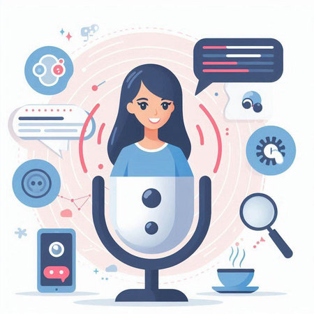 Woman with microphone and social media icons. Vector illustration in flat styleのイラスト素材