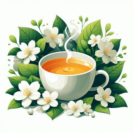 Cup of tea with jasmine flowers and leaves. Vector illustration.のイラスト素材