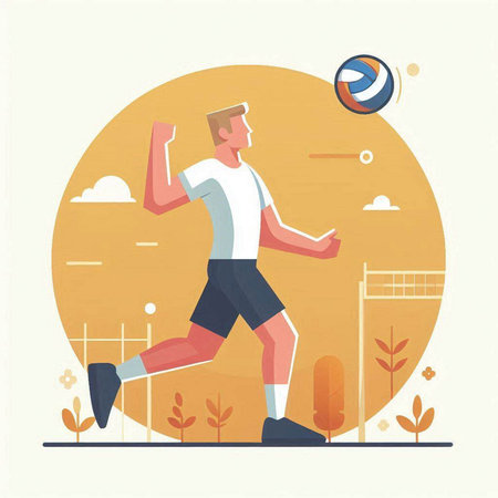 Volleyball player flat vector illustration. Cartoon man playing volleyball on the field.のイラスト素材