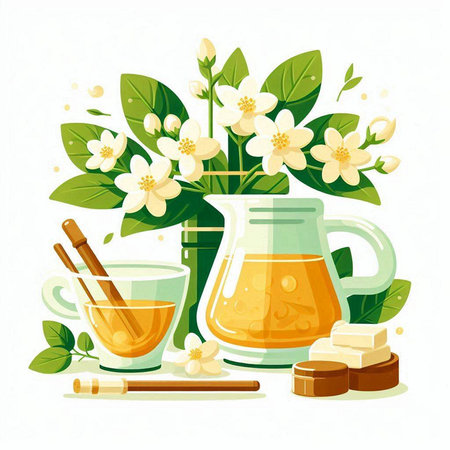 Jasmine tea in a glass, jasmine flowers and honey. Vector illustration.のイラスト素材