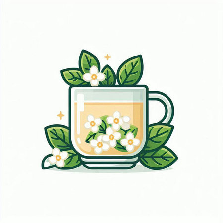 Cup of tea with white flowers and green leaves. Vector illustration.のイラスト素材