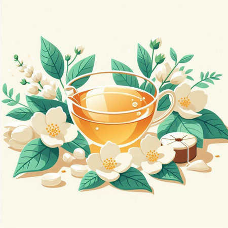 Cup of tea with jasmine flowers. Vector illustration.のイラスト素材