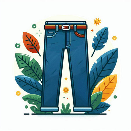 Jeans with leaves and plants. Vector illustration in flat style.のイラスト素材
