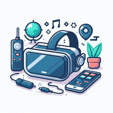 Vector illustration of vr headset, headphones, gamepad and smartphone.のイラスト素材