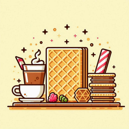 Vector illustration of a delicious cup of hot chocolate, waffles, cookies and marshmallows.のイラスト素材