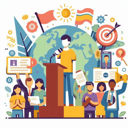 People of different nationalities and religions speaking from tribune. Vector illustration.のイラスト素材