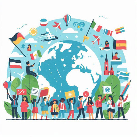 People with flags around the globe. Vector illustration in flat style.のイラスト素材