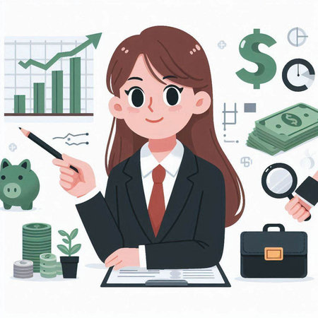 Business woman working with a lot of money. Vector illustration in cartoon style.のイラスト素材