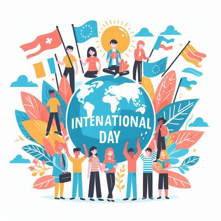 International Day concept. People standing around the globe. Vector illustration.のイラスト素材