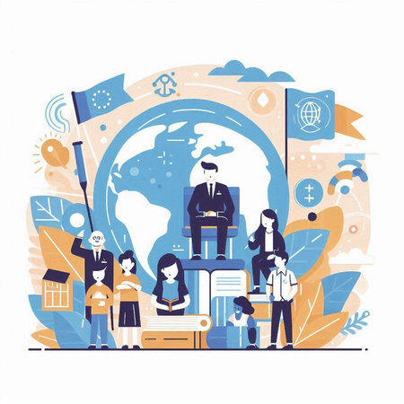 Teacher and students on the lecture. Flat vector illustration. Education concept.のイラスト素材