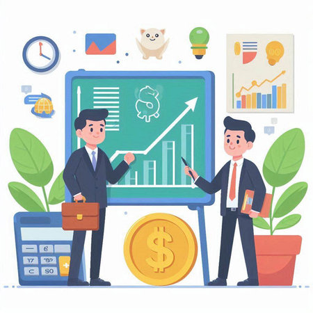 Businessman and businesswoman working with financial charts. Vector illustration.のイラスト素材