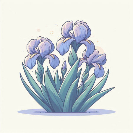 Beautiful iris flowers in the garden. Hand drawn vector illustration.のイラスト素材