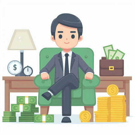 Businessman sitting in armchair with money. Vector flat illustration.のイラスト素材