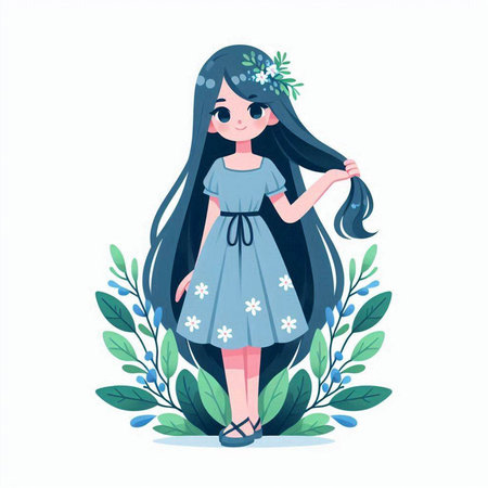 Cute little girl with long hair. Vector illustration in cartoon styleのイラスト素材