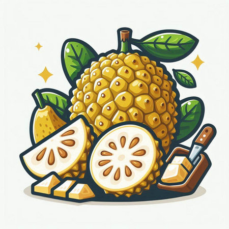 Vector illustration of whole and half of ripe durian fruit with leaves.のイラスト素材