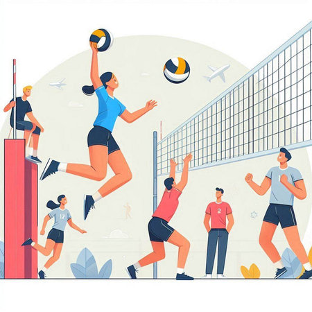 Volleyball players. Men and women playing volleyball. Flat vector illustration.のイラスト素材