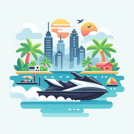 Flat vector illustration of jet ski on the background of the city.のイラスト素材
