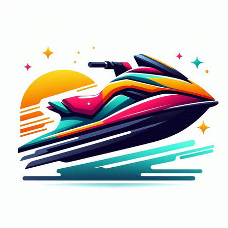 Jet ski vector illustration, colorful design with sun and clouds on white background.のイラスト素材