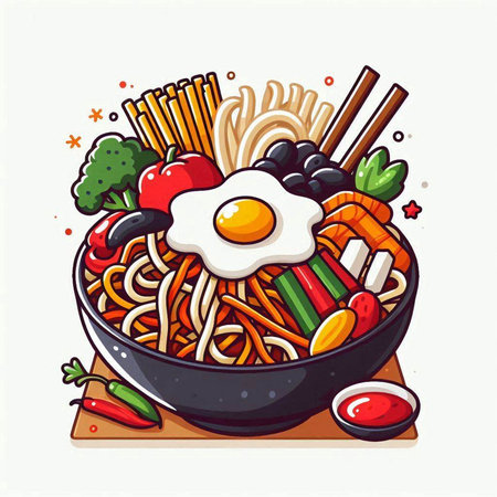 Asian noodle bowl with fried egg and vegetables. Hand drawn vector illustration.のイラスト素材