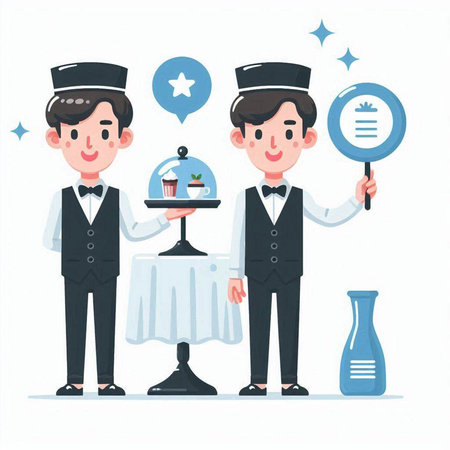 Waiter serving food to a waiter. Vector illustration in cartoon style.のイラスト素材