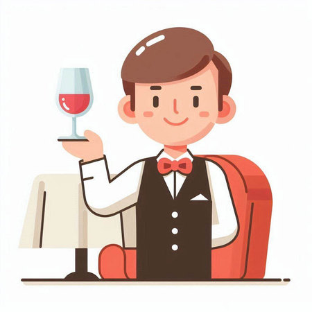 Waiter holding a glass of wine. Vector illustration in cartoon style.のイラスト素材