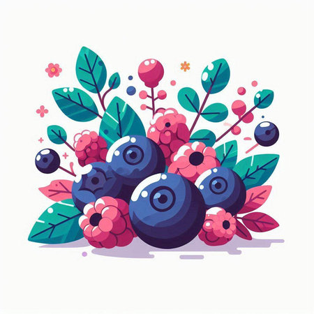 Blueberry vector illustration. Flat cartoon style. Berries and leaves.のイラスト素材