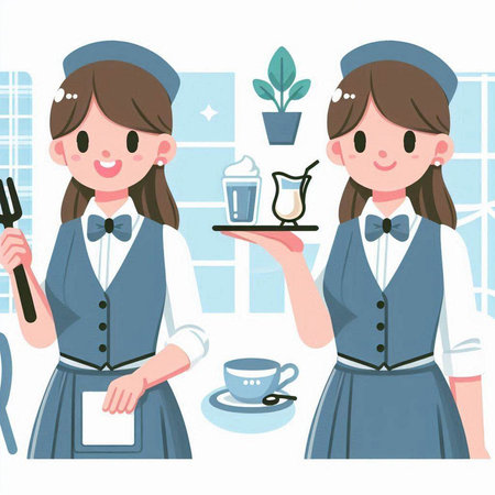 Illustration of a waitress holding a tray with a coffee cup and a spoonのイラスト素材