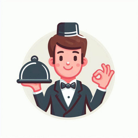 Waiter holding a tray of food. Vector illustration in cartoon style.のイラスト素材