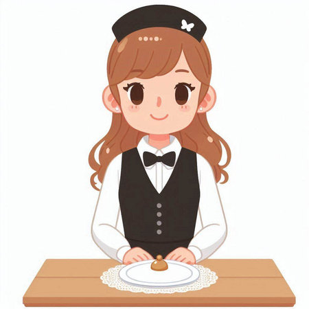Illustration of a young waitress in uniform serving a dish at a restaurantのイラスト素材