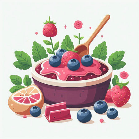 Bowl of homemade yogurt with berries and fruits. Vector illustration.のイラスト素材