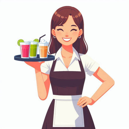 Waitress holding a tray with drinks. Vector illustration in cartoon style.のイラスト素材