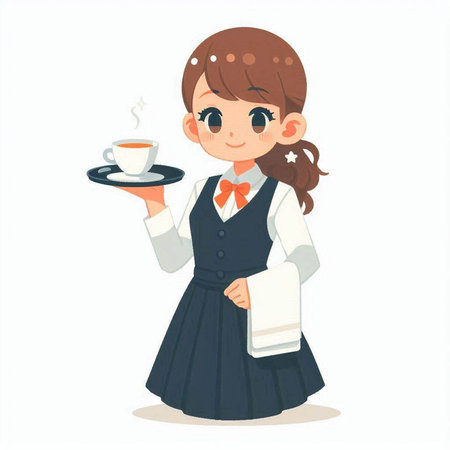 Cute little girl in school uniform holding a cup of coffee.のイラスト素材