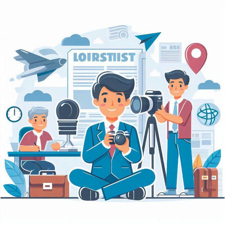 Journalist with camera. Vector illustration in flat cartoon style. Blogging concept.のイラスト素材