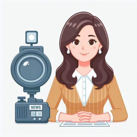Illustration of a woman blogger in front of camera. Vector illustration.のイラスト素材