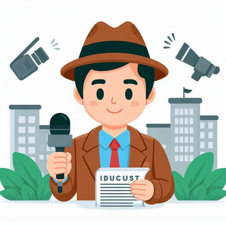 Journalist with a microphone and a newspaper. Vector illustration in cartoon style.のイラスト素材