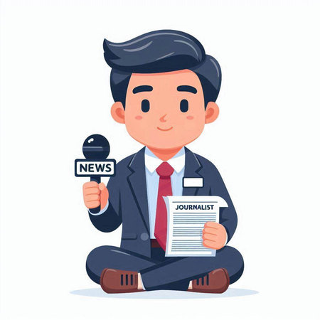Businessman with newspaper and microphone. Vector illustration in cartoon style.のイラスト素材