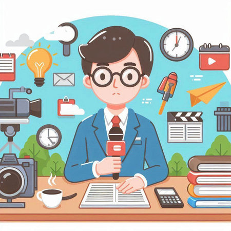 Journalist in the office. Flat design vector illustration. Cartoon character.のイラスト素材