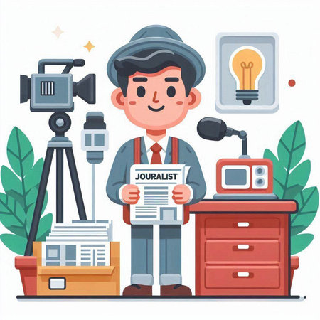 Journalist or journalist with camera and newspaper. Vector illustration in flat styleのイラスト素材