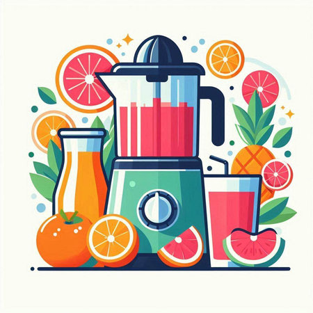Juicer and fruit. Colorful flat vector illustration in cartoon style.のイラスト素材