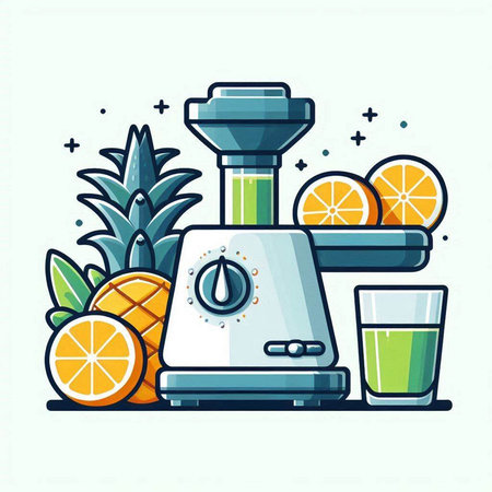 Vector illustration of juicer with fresh fruits and juice in flat style.のイラスト素材