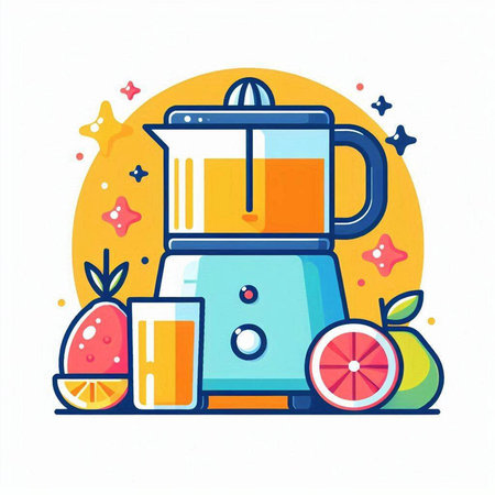 Fruit juice in juicer. Colorful flat vector illustration.のイラスト素材